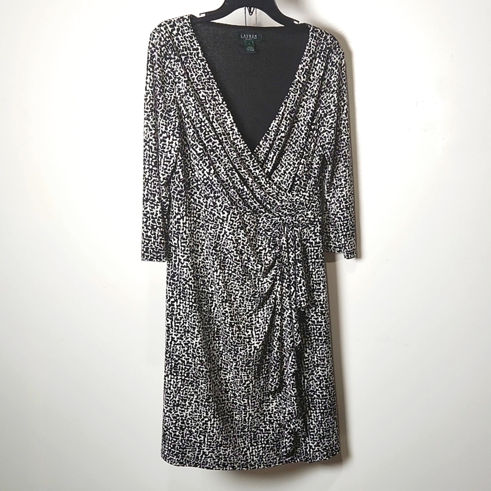 Ralph Lauren Black and White pattern faux wrap Dress sz-14